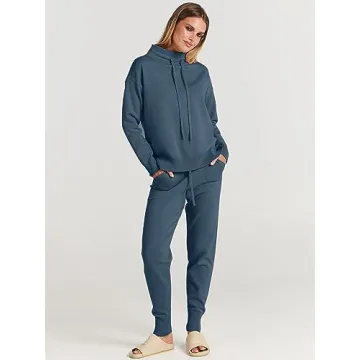 ANRABESS Women Two Piece Outfits Turtleneck Pullover Top Cozy Knit Sweater Pants Lounge Set 2024 Fall Sweatsuit Sweatsuits Dusty Blue Small