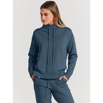 ANRABESS Women Two Piece Outfits Turtleneck Pullover Top Cozy Knit Sweater Pants Lounge Set 2024 Fall Sweatsuit Sweatsuits Dusty Blue Small