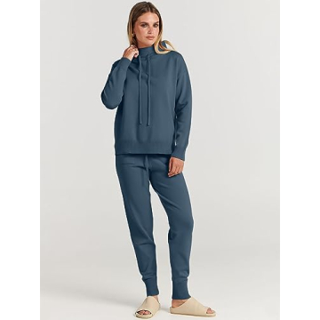 ANRABESS Women Two Piece Outfits Turtleneck Pullover Top Cozy Knit Sweater Pants Lounge Set 2024 Fall Sweatsuit Sweatsuits Dusty Blue Small