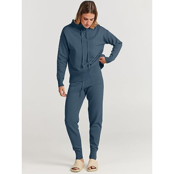 ANRABESS Women Two Piece Outfits Turtleneck Pullover Top Cozy Knit Sweater Pants Lounge Set 2024 Fall Sweatsuit Sweatsuits Dusty Blue Small