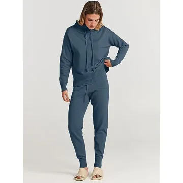 ANRABESS Women Two Piece Outfits Turtleneck Pullover Top Cozy Knit Sweater Pants Lounge Set 2024 Fall Sweatsuit Sweatsuits Dusty Blue Small