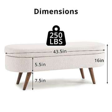 TRIPLE TREE 43.5" Storage Ottoman Bench with 250lb Seating, Linen Upholstered Wood Legs Safety Hinge...
