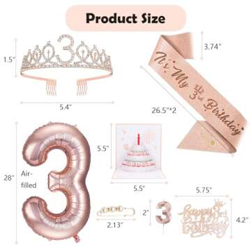 3rd Birthday Decorations for Girls, Including 3 year old Birthday Cake Topper, Birthday Queen Sash w...