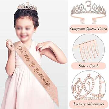 3rd Birthday Decorations for Girls, Including 3 year old Birthday Cake Topper, Birthday Queen Sash with Pearl Pin, Sweet Rhinestone Tiara Crown, Number Candles and Balloons Set, Rose Gold