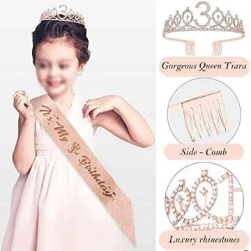 3rd Birthday Decorations for Girls, Including 3 year old Birthday Cake Topper, Birthday Queen Sash with Pearl Pin, Sweet Rhinestone Tiara Crown, Number Candles and Balloons Set, Rose Gold