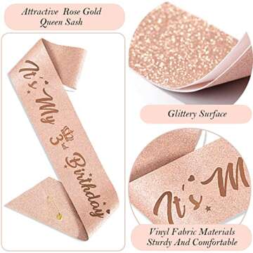 3rd Birthday Decorations for Girls, Including 3 year old Birthday Cake Topper, Birthday Queen Sash with Pearl Pin, Sweet Rhinestone Tiara Crown, Number Candles and Balloons Set, Rose Gold