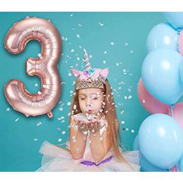 3rd Birthday Decorations for Girls, Including 3 year old Birthday Cake Topper, Birthday Queen Sash with Pearl Pin, Sweet Rhinestone Tiara Crown, Number Candles and Balloons Set, Rose Gold