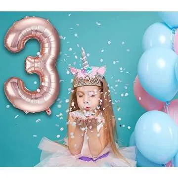 3rd Birthday Decorations for Girls, Including 3 year old Birthday Cake Topper, Birthday Queen Sash with Pearl Pin, Sweet Rhinestone Tiara Crown, Number Candles and Balloons Set, Rose Gold