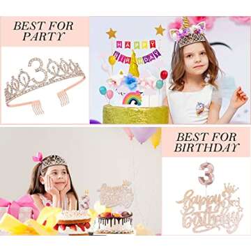 3rd Birthday Decorations for Girls, Including 3 year old Birthday Cake Topper, Birthday Queen Sash with Pearl Pin, Sweet Rhinestone Tiara Crown, Number Candles and Balloons Set, Rose Gold
