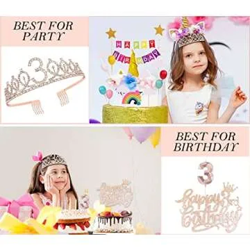 3rd Birthday Decorations for Girls, Including 3 year old Birthday Cake Topper, Birthday Queen Sash with Pearl Pin, Sweet Rhinestone Tiara Crown, Number Candles and Balloons Set, Rose Gold