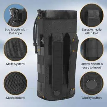 Haafoo Molle Water Bottle Holder, Upgraded 1000D Nylon Tactical Molle Water Bottle Pouch, Sports Water Bottle Bag Bottom Mesh Lining Hydration Carrier for Camping, Hiking and Travelling (Black-2pack)