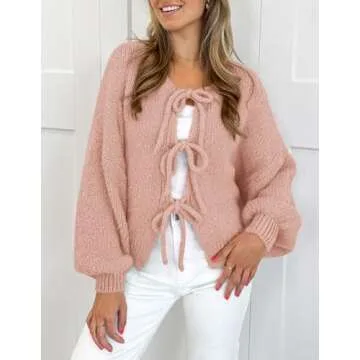 PRETTYGARDEN Women's Tie Front Bow Cardigan Sweaters Chunky Knit Long Puff Sleeve Trendy Fall Winter Jacket Coats (Pink,Small)