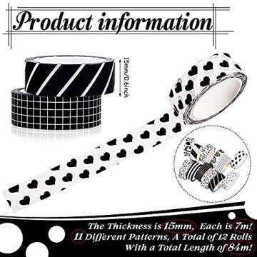 Outus 12 Rolls Washi Tape Set Black White Paper Thin 15 mm Wide 7 Meters Long Decorative Craft Adhesive Masking Tape Washi Tape Black White Strip for DIY Wrapping Decoration (Stylish Style)