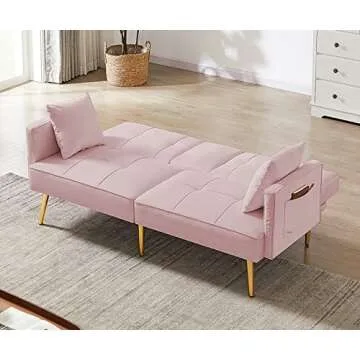 hansones Futon Sofa Bed Modern Linen Fabric Couch Bed Loveseat Convertible Daybed with 2 Cup Holders and Removable Armrests for for Compact Living Space Apartment Dorm Office (18pink)