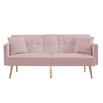 hansones Futon Sofa Bed Modern Linen Fabric Couch Bed Loveseat Convertible Daybed with 2 Cup Holders and Removable Armrests for for Compact Living Space Apartment Dorm Office (18pink)