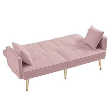 hansones Futon Sofa Bed Modern Linen Fabric Couch Bed Loveseat Convertible Daybed with 2 Cup Holders and Removable Armrests for for Compact Living Space Apartment Dorm Office (18pink)