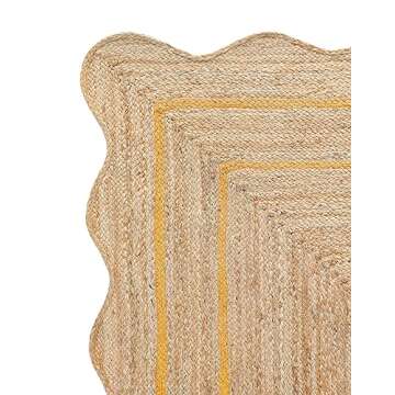 Weaving Village Wave Scalloped Natural Jute Rug Boho Jute Rug Entryway Runner Rug Farmhouse Scallop Rug, Yellow (2'x3')