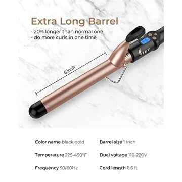 1 Inch Extra Long Barrel Curling Iron, Ceramic Tourmaline Curling Wand Professional Dual Voltage