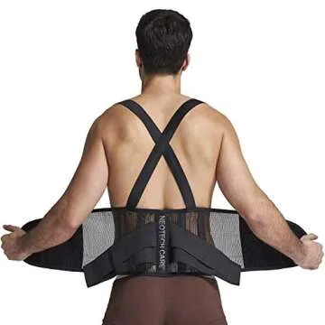 NeoTech Care Back Brace with Suspenders/Shoulder Straps - Light & Breathable - Lumbar Support Belt for Lower Back Pain - Posture, Work, Gym - Black Color (Size XXL)