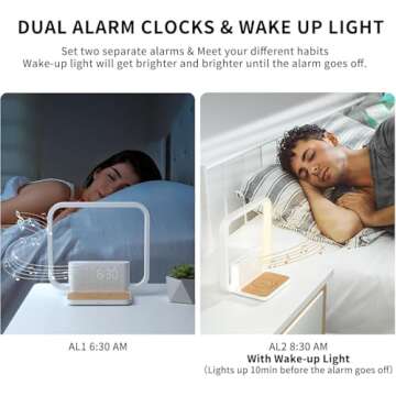 RETEYUNG Bedside Lamps,Sunrise Dual Alarm Clock for Heavy Sleepers,Table Lamp with Fast Wireless Charger Station for iPhone/Samsung,Wake Up Light Touch with Snooze/Timer/10 Natural Sounds/3 Dimmable