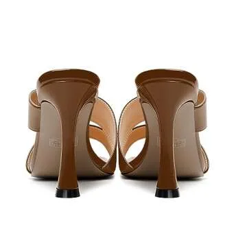 AMBELIGHT Women's Dress Spool Night Club Square Toe Slip On Patent High Heel 3.3 Inch Sandals Brown Size 10 - Tacones Altos de Mujer