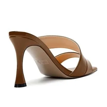 AMBELIGHT Women's Dress Spool Night Club Square Toe Slip On Patent High Heel 3.3 Inch Sandals Brown Size 10 - Tacones Altos de Mujer