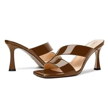 AMBELIGHT Women's Dress Spool Night Club Square Toe Slip On Patent High Heel 3.3 Inch Sandals Brown Size 10 - Tacones Altos de Mujer