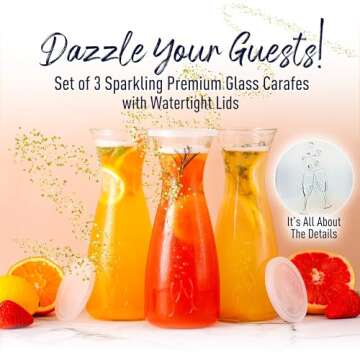 PRESTIGE Mimosa Bar Kit - 3 Glass Carafe with Lids (27oz) & Mimosa Bar Sign. Brunch Decorations Party Kit w/Juice Carafes for Mimosa Bar Supplies, Juice Mimosa Pitcher & Brunch Decor (Chalkboard Set)