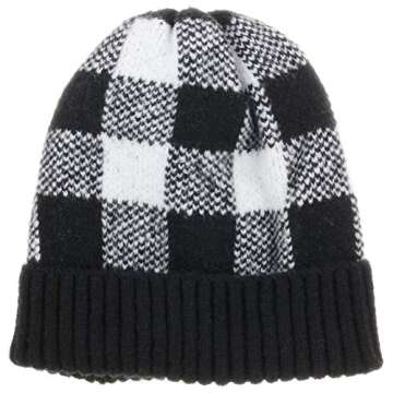 CRUOXIBB Women Knit Slouchy Beanie Hat with Faux Fur Pompom Buffalo Plaid Cuff Winter Soft Warm Ski Cap