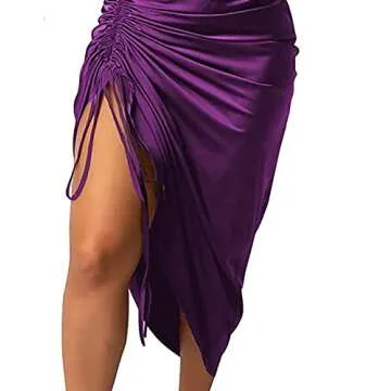 AOZZO Women's Summer Sexy Ruched Midi Adjustable Spaghetti Strap Bodycon Drawstring Side Slit Slip Party Clubwear Dress, A-purple, X-Large