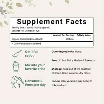 Micro Ingredients Organic Rhodiola Rosea Root Extract, 50g Powder | Adaptogenic Herb Based Supplement with Active Rosavins & Salidrosides | Supports Energy & Relaxation | No GMOs, Filler Free