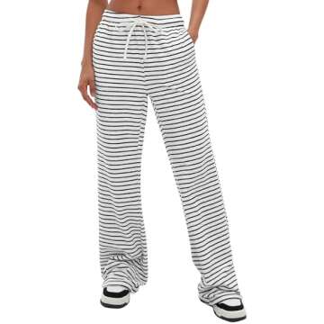 Darong Wide Leg Stripe Pants for Women High Waist Lounge Pants Casual Sweatpants with Pockets 9066A ...