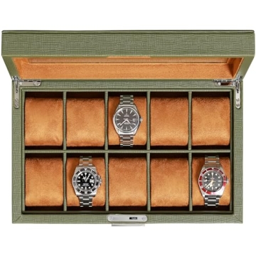 ROTHWELL 10 Slot Leather Watch Box - Luxury Watch Case Display Jewelry Organizer - Locking Watch Dis...