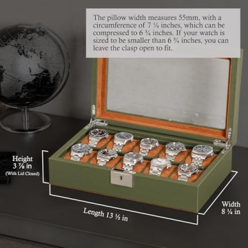 ROTHWELL 10 Slot Leather Watch Box - Luxury Watch Case Display Jewelry Organizer - Locking Watch Display Case Holder with Large Glass Top - Watch Box Organizer for Men and Women (Green/Tan)