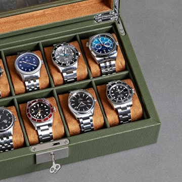ROTHWELL 10 Slot Leather Watch Box - Luxury Watch Case Display Jewelry Organizer - Locking Watch Display Case Holder with Large Glass Top - Watch Box Organizer for Men and Women (Green/Tan)