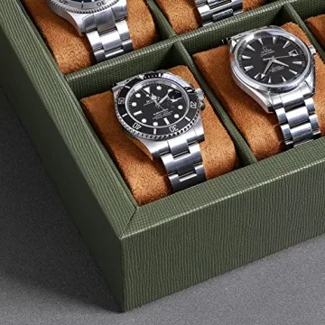 ROTHWELL 10 Slot Leather Watch Box - Luxury Watch Case Display Jewelry Organizer - Locking Watch Display Case Holder with Large Glass Top - Watch Box Organizer for Men and Women (Green/Tan)