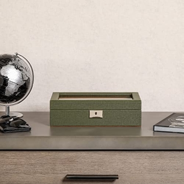 ROTHWELL 10 Slot Leather Watch Box - Luxury Watch Case Display Jewelry Organizer - Locking Watch Display Case Holder with Large Glass Top - Watch Box Organizer for Men and Women (Green/Tan)