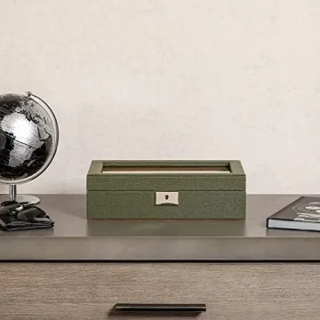 ROTHWELL 10 Slot Leather Watch Box - Luxury Watch Case Display Jewelry Organizer - Locking Watch Display Case Holder with Large Glass Top - Watch Box Organizer for Men and Women (Green/Tan)