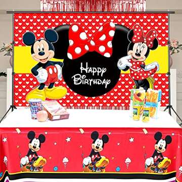 Luckmerry Mickey Minnie Mouse Themed Backdrop and Tablecloth Gift Bags Party Supplies Disney Cartoon Colorful Dots Photography Background Happy Birthday Banner Decorations