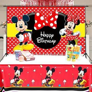 Luckmerry Mickey Minnie Mouse Themed Backdrop and Tablecloth Gift Bags Party Supplies Disney Cartoon Colorful Dots Photography Background Happy Birthday Banner Decorations