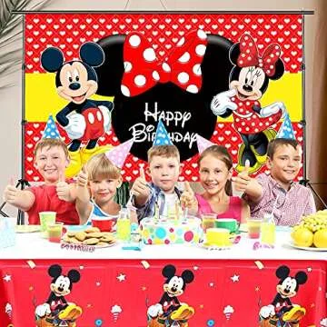 Luckmerry Mickey Minnie Mouse Themed Backdrop and Tablecloth Gift Bags Party Supplies Disney Cartoon Colorful Dots Photography Background Happy Birthday Banner Decorations