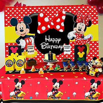 Luckmerry Mickey Minnie Mouse Themed Backdrop and Tablecloth Gift Bags Party Supplies Disney Cartoon Colorful Dots Photography Background Happy Birthday Banner Decorations