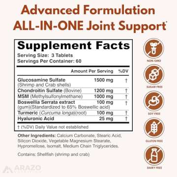 Arazo Nutrition Glucosamine Chondroitin Turmeric Msm Boswellia - Joint Support Supplement for Relief...