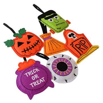 Halloween Ornaments - Set of 6 Plush Felt Handmade Decor - Broom, Jack-o'-Lantern, Frankenstein, Witchcraft, Eyeball, RIP Tomb Design - Christmas Ornaments for Tree - 3.5"