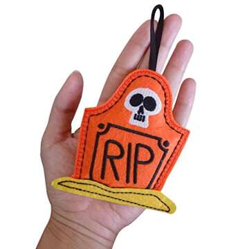Halloween Ornaments - Set of 6 Plush Felt Handmade Decor - Broom, Jack-o'-Lantern, Frankenstein, Witchcraft, Eyeball, RIP Tomb Design - Christmas Ornaments for Tree - 3.5"