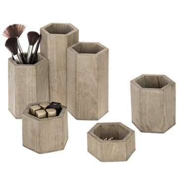 MyGift Brown Wood Hexagonal Small Display Riser and Mini Storage Containers for Jewelry and Cosmetic Tools Holder, Set of 6