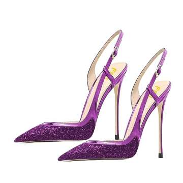 FSJ Women Sexy Pointed Toe D'Orsay High Heel Slingback Pumps Sandals Cutout Strappy Stiletto Slip On Party Prom Shoes Size 8 Purple Glitter
