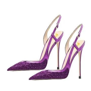 FSJ Women Sexy Pointed Toe D'Orsay High Heel Slingback Pumps Sandals Cutout Strappy Stiletto Slip On Party Prom Shoes Size 8 Purple Glitter
