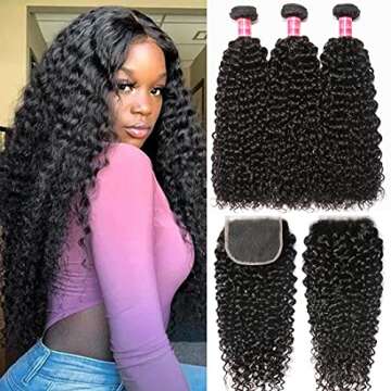 Nadula 8A Unprocessed Brazilian Curly Virgin Human Hair with Free Part Lace Closure Pack of 4 Remy Human Hair Natural Color (10 12 14+10closure)