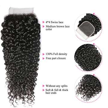 Nadula 8A Unprocessed Brazilian Curly Virgin Human Hair with Free Part Lace Closure Pack of 4 Remy Human Hair Natural Color (10 12 14+10closure)